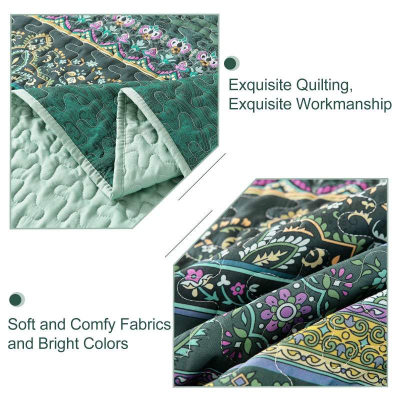 WONGS BEDDING Boho Quilt Queen Size  Green Bohemian Queen Quilt  Lightweight Microfiber Bed Decor Bedspread for All Season 96""x90""(3 Pieces) - Image 5